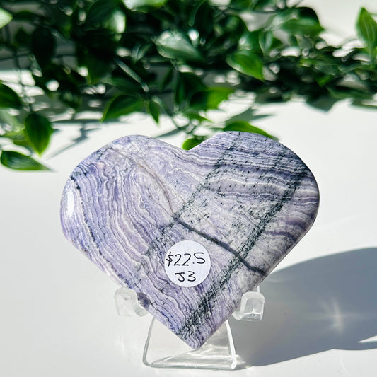 Purple Fluorite and Chalcedony Love Heart with Stand J3