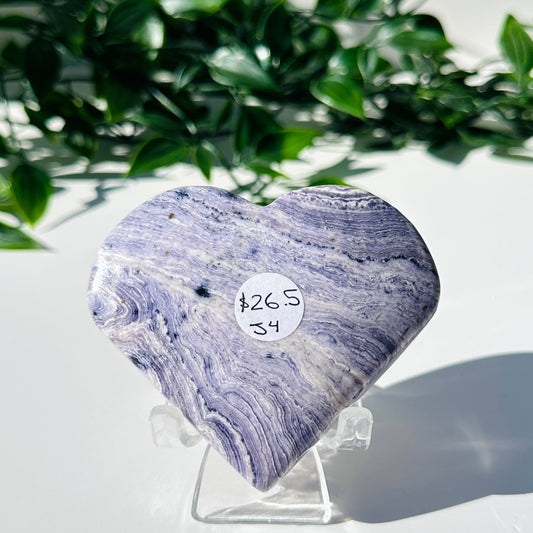 Purple Fluorite and Chalcedony Love Heart with Stand J4