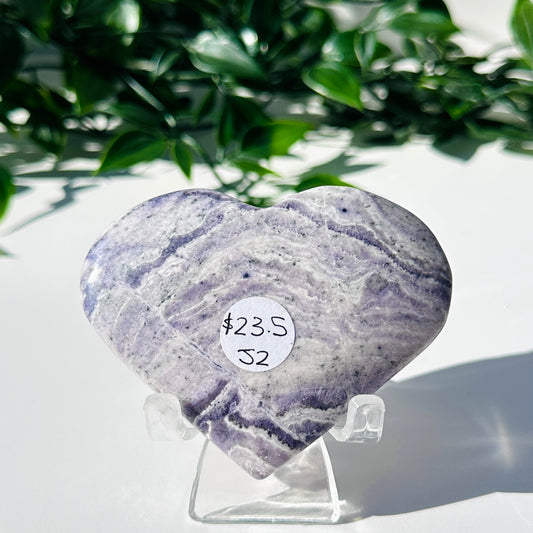 Purple Fluorite and Chalcedony Love Heart with Stand J2