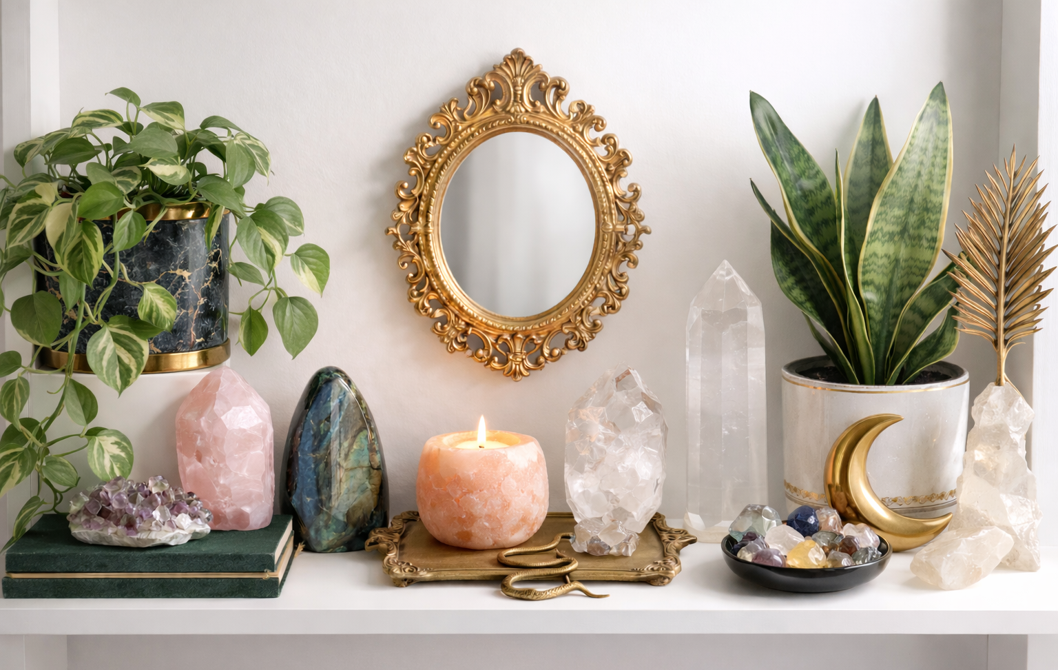 Decorative shelf with plants, crystals, and a candle on a white surface.
