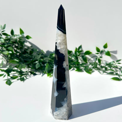 Black Agate x Quartz Obelisk BA2