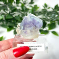 Purple and blue Yaogangxian fluorite crystal held by a hand