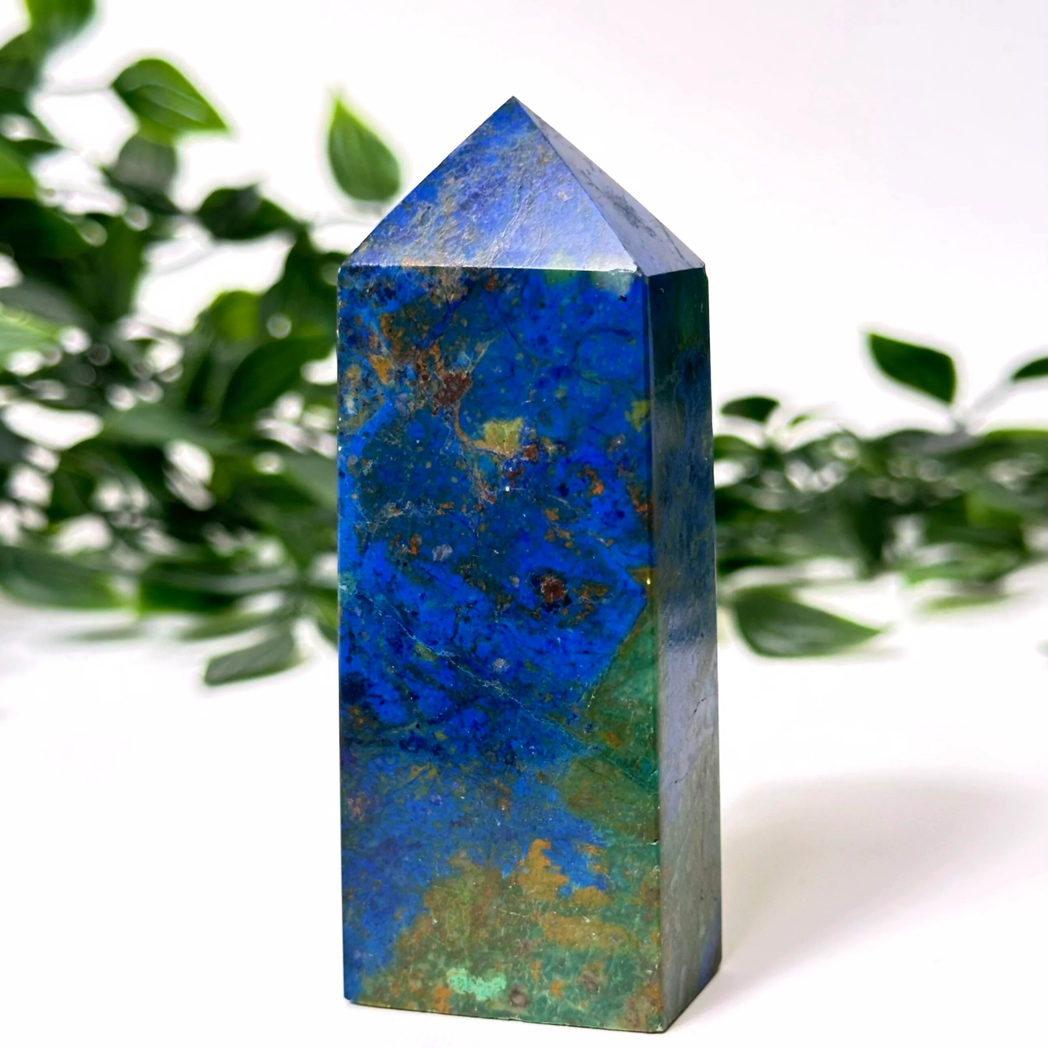 azurite and malachite crystal tower with a natural background
