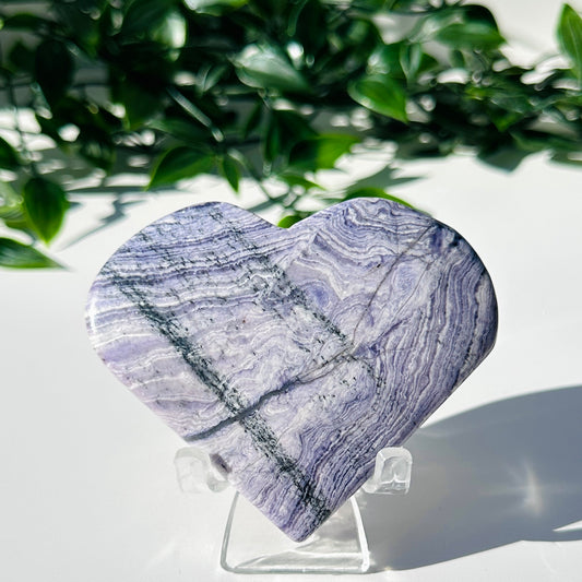 Purple Fluorite x Chalcedony Love Heart w/ Stand J3