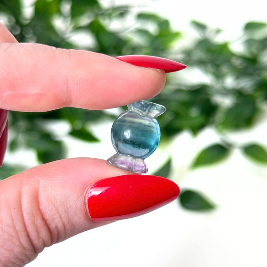 Hand holding a mini fluorite crystal on a blurred white leafy background