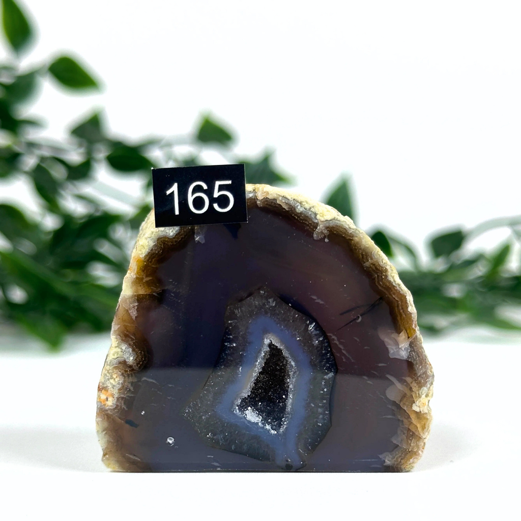 Small agate geode on a white background with green leaves.