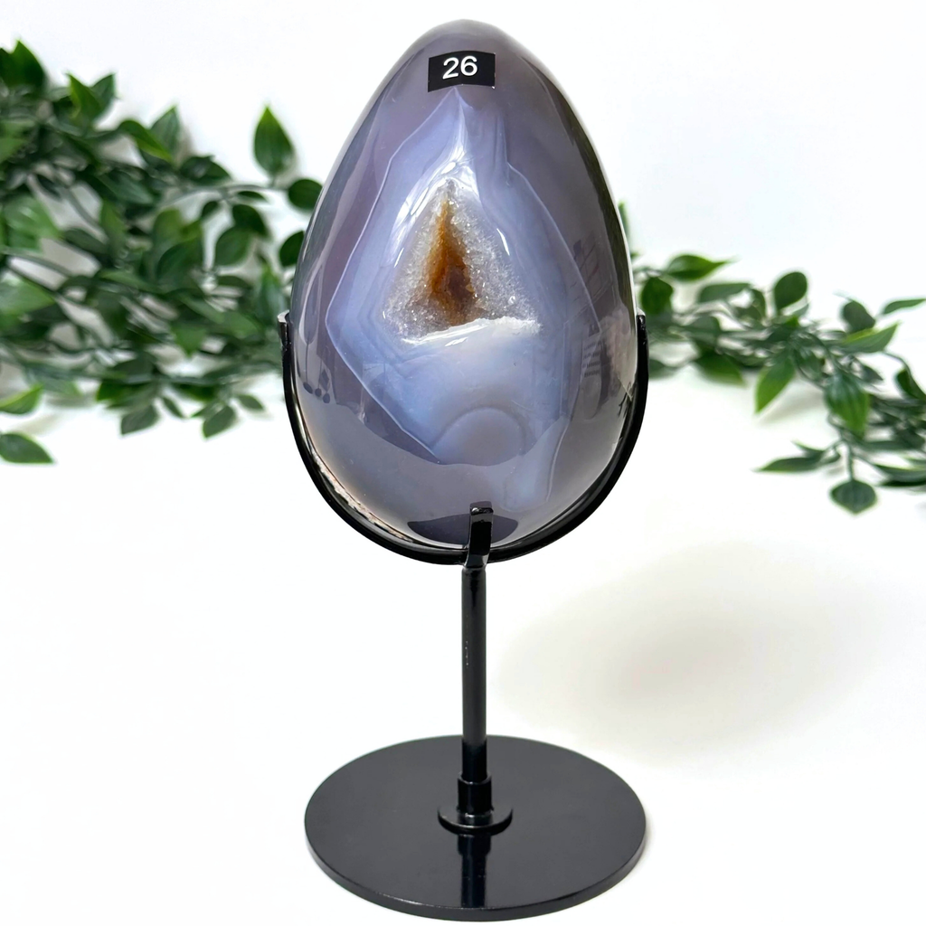 Agate crystal egg on a stand with a white background and green leaves.