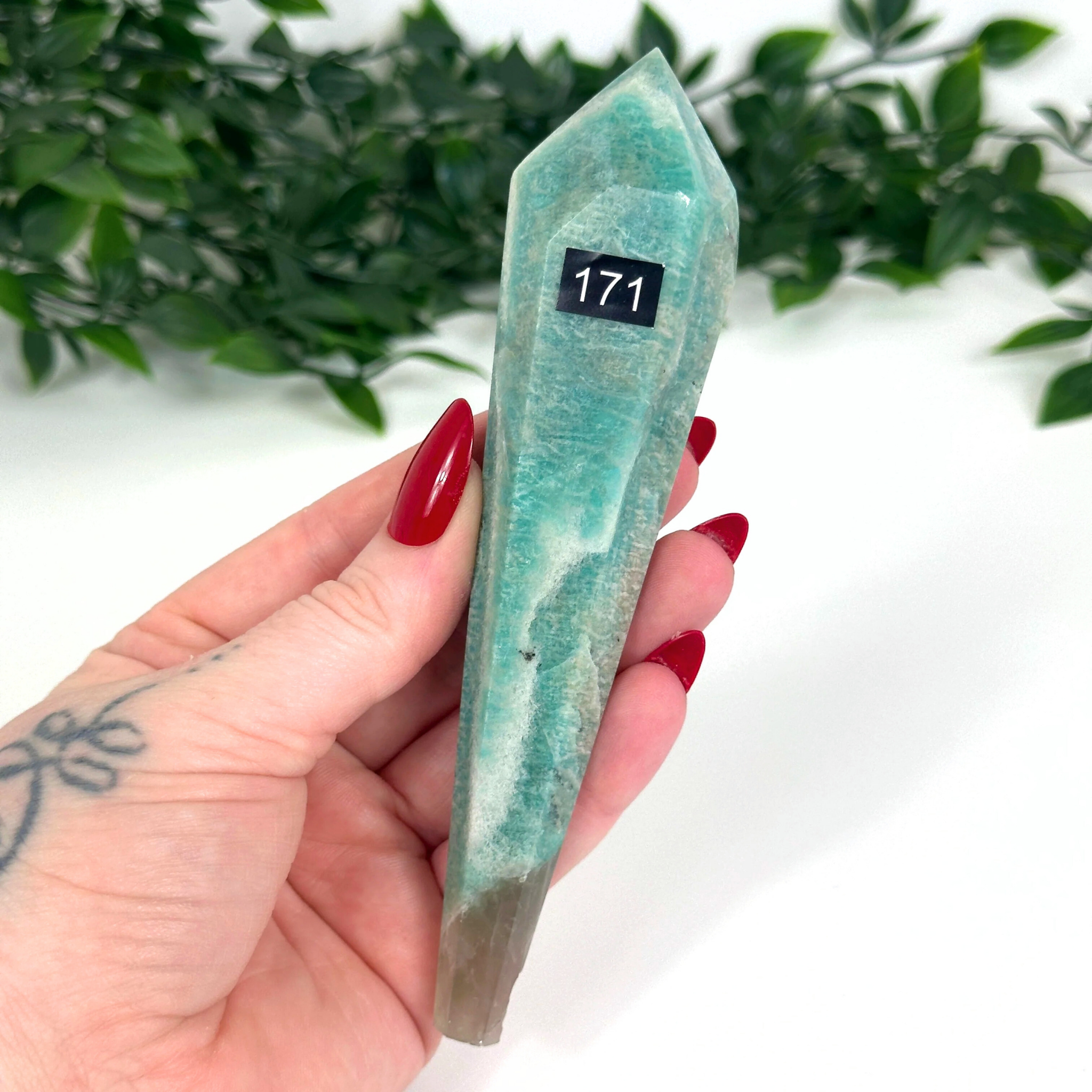 Hand holding an amazonite crystal against a white background with greenery