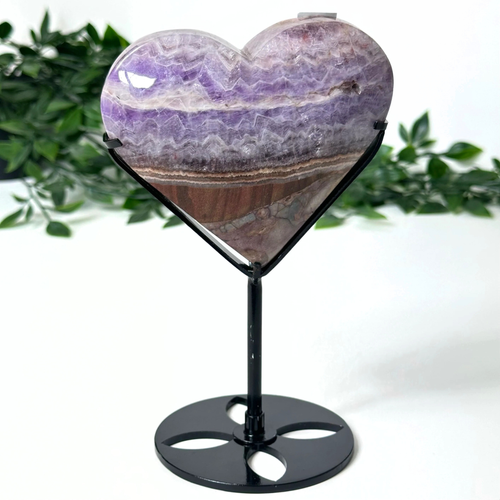 Heart-shaped purple and brown amethyst on a black stand with green foliage in the background