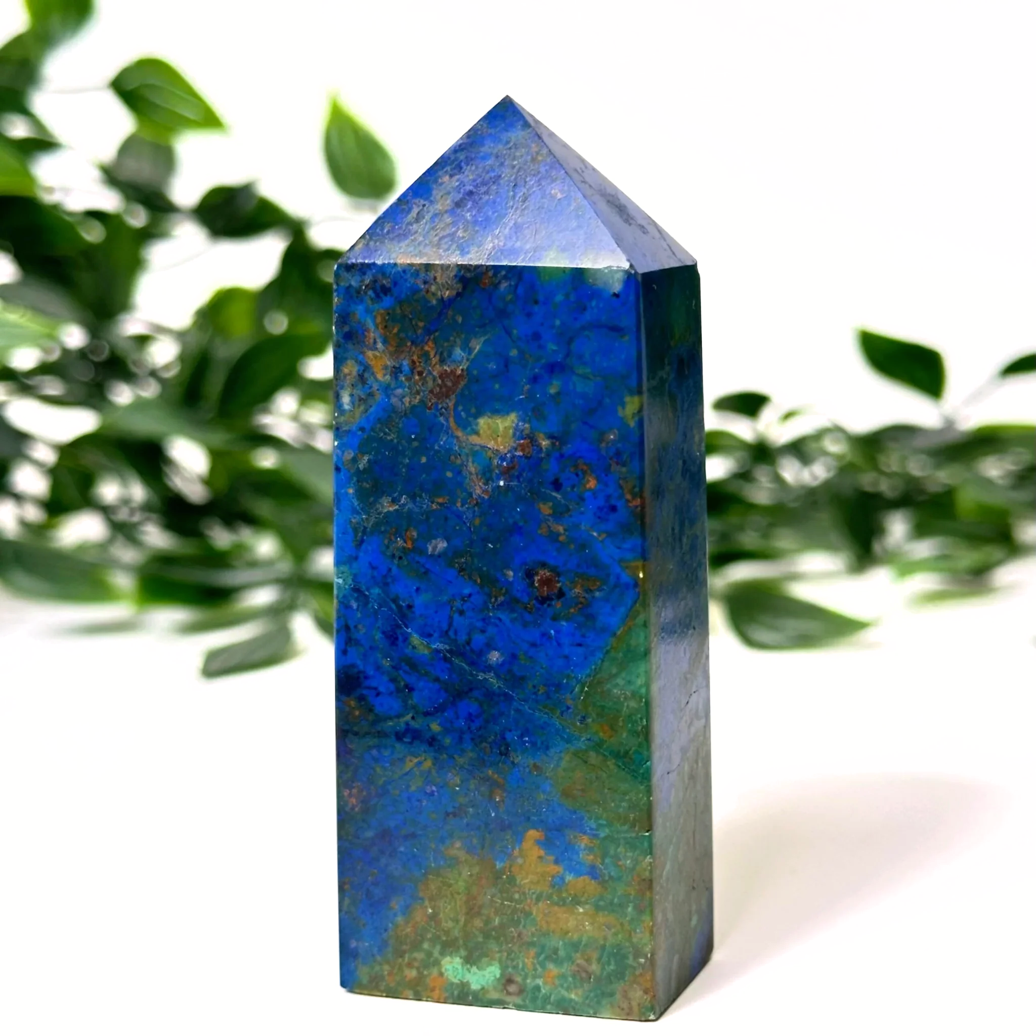 Azurite and malachite crystal tower with a natural background