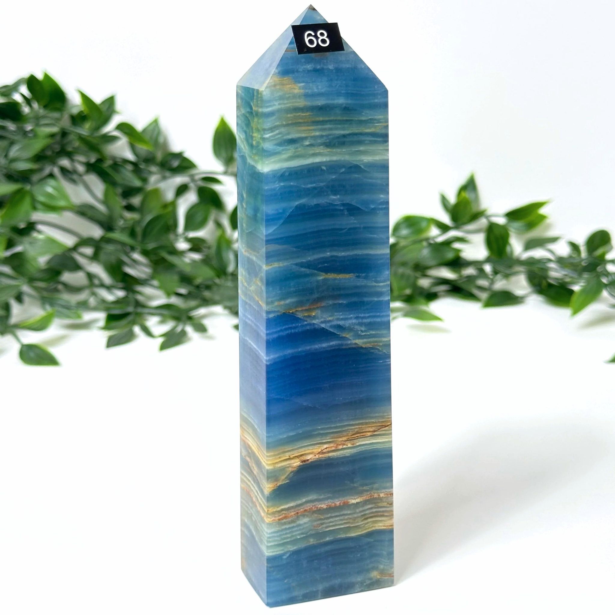 Blue onyx crystal tower with a plant in the background