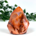 Carnelian crystal flame with a blurred green leafy background