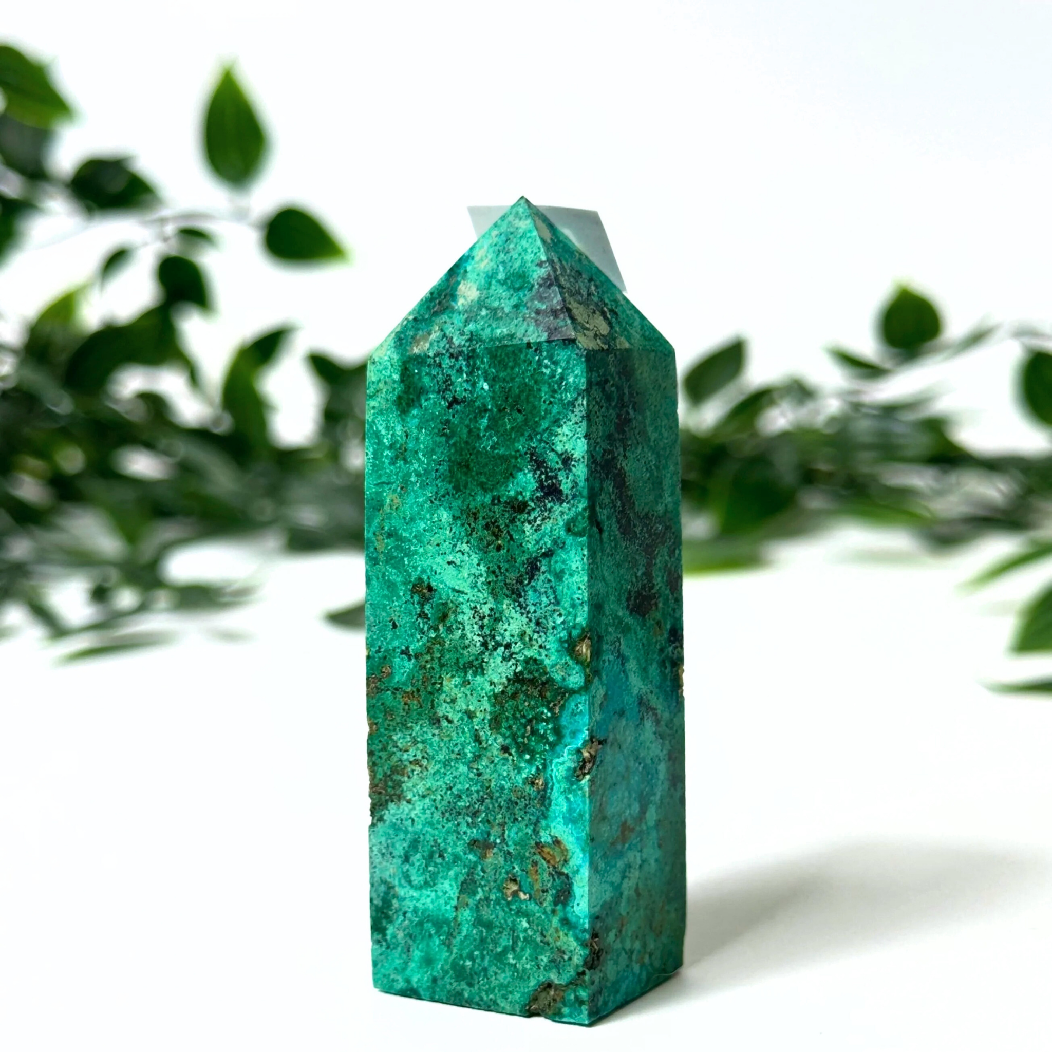 Chrysocolla crystal tower with natural background