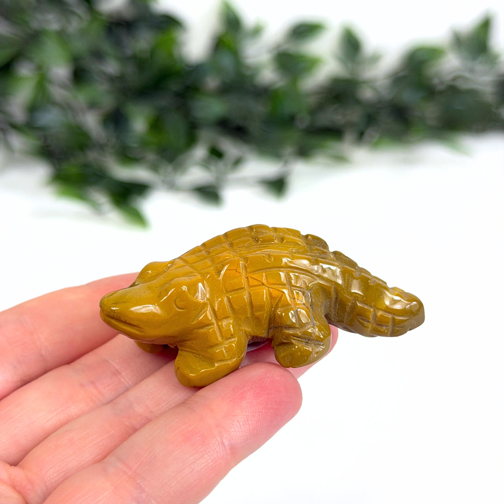 Hand holding a mookaite crocodile-shaped crystal with a blurred green and white background