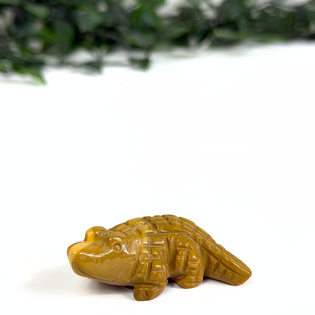 Mookaite crocodile carving on a white background with greenery in the background