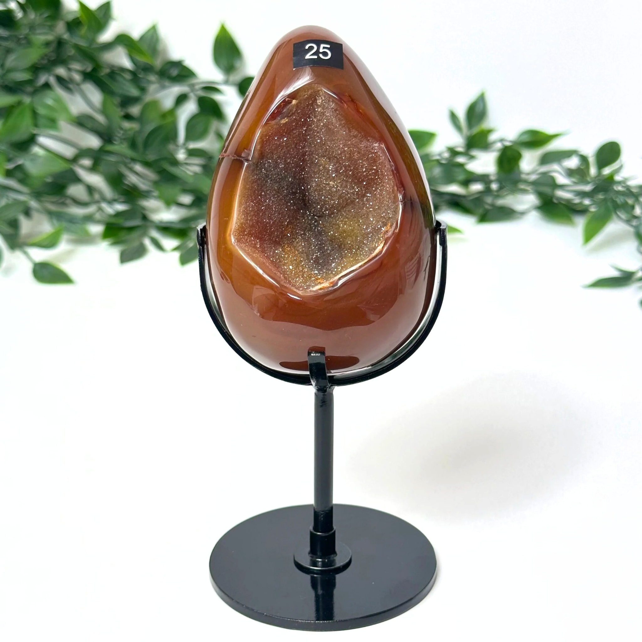 Carnelian agate crystal on a black stand with green foliage in the background