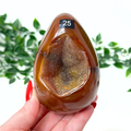 Hand holding a large brown agate stone with a blurred green leafy background