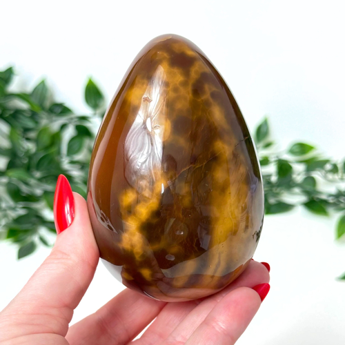 Hand holding a brown and yellow marbled agate stone with a blurred green plant background