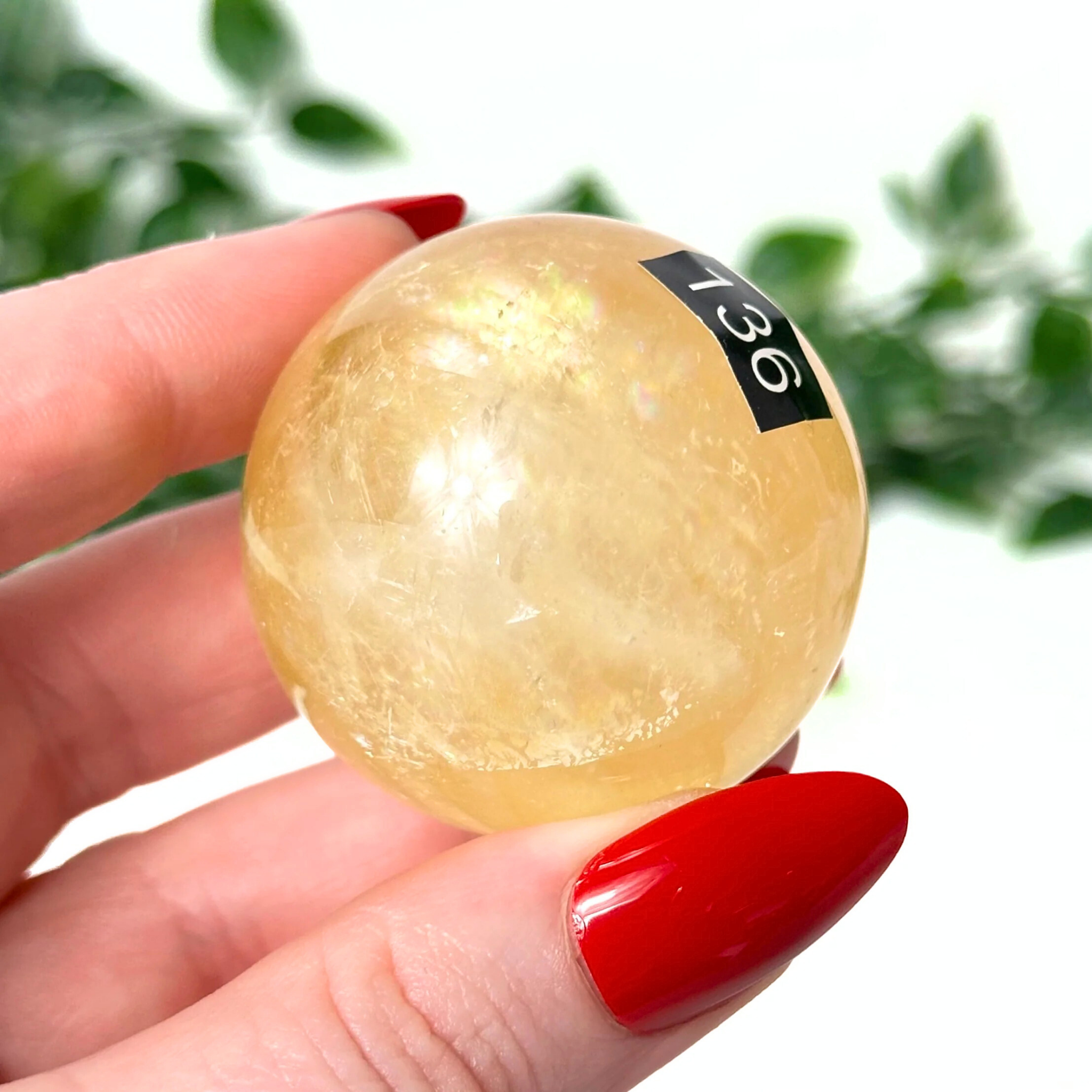 Hand holding a honey calcite crystal ball with a label against a blurred green background