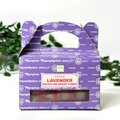 Box of Satya Lavender Backflow Incense Cones on a white background with green leaves.
