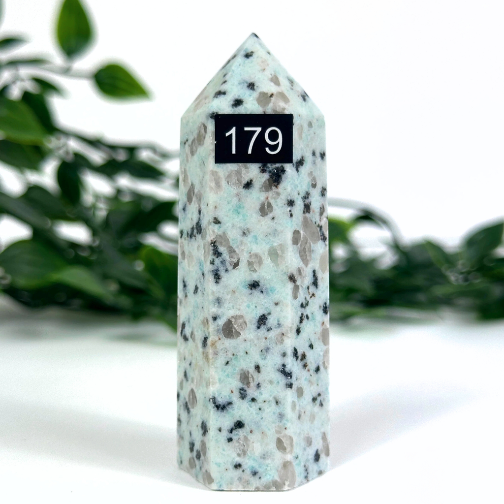 Kiwi Jasper crystal tower with a black label on a white surface with blurred green leaves in the background