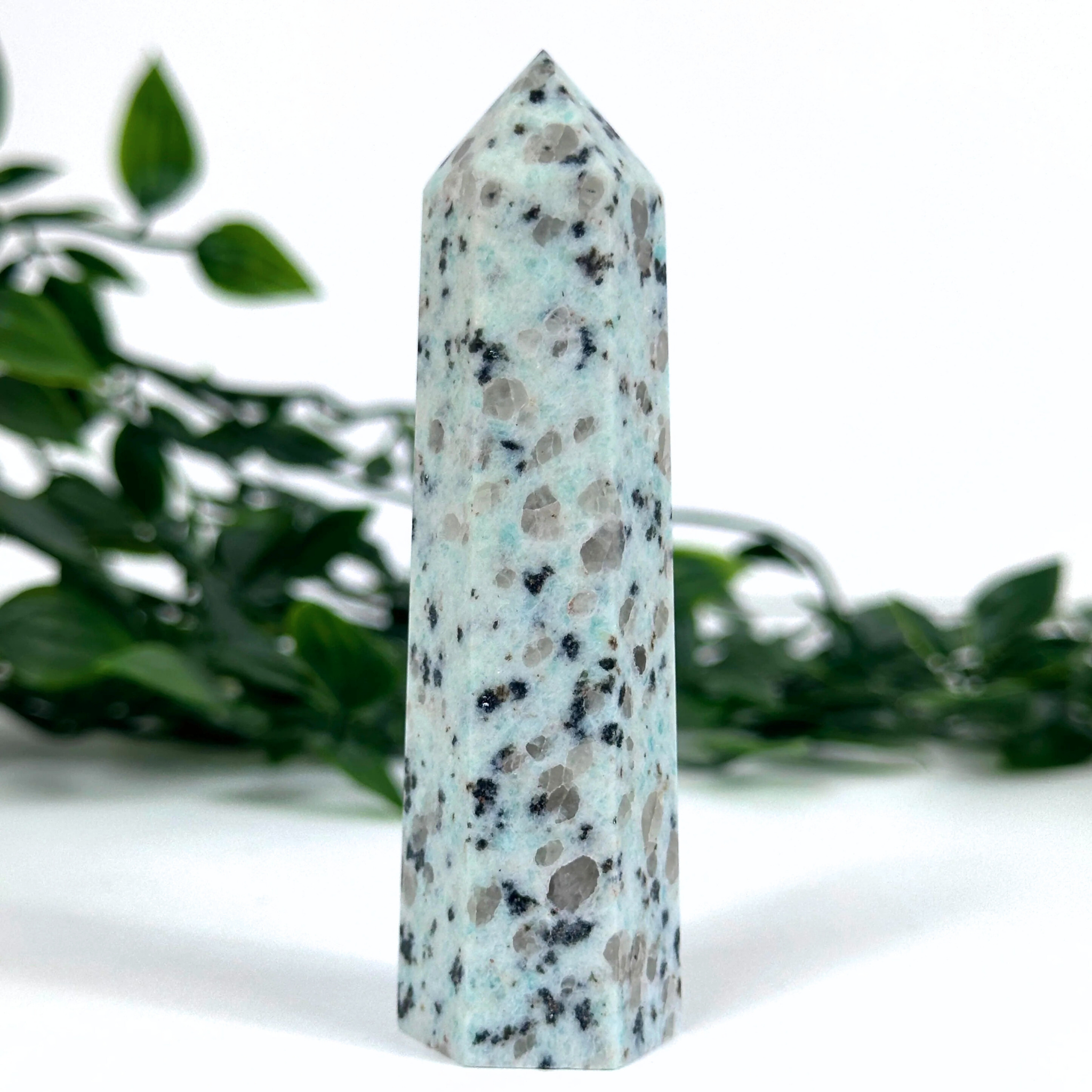 Kiwi Jasper crystal tower on a white surface with green leaves in the background