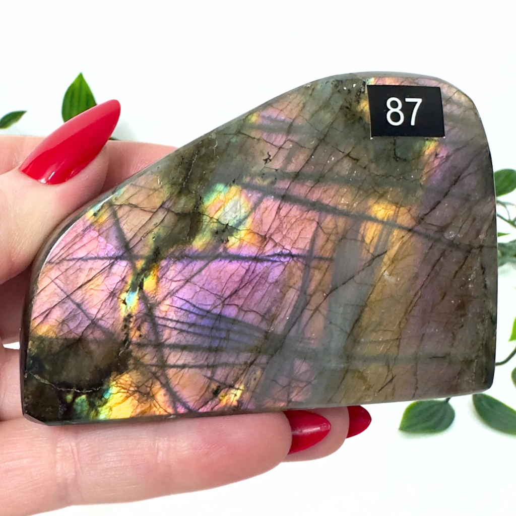 Multicolored labradorite stone held by a hand with red nail polish, against a white background.