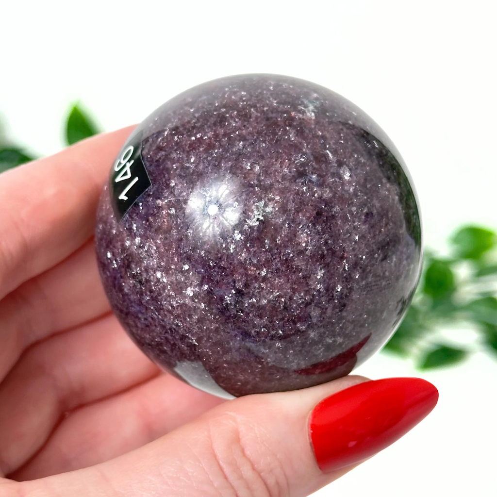 Hand holding a purple lepidolite crystal ball with a blurred green background