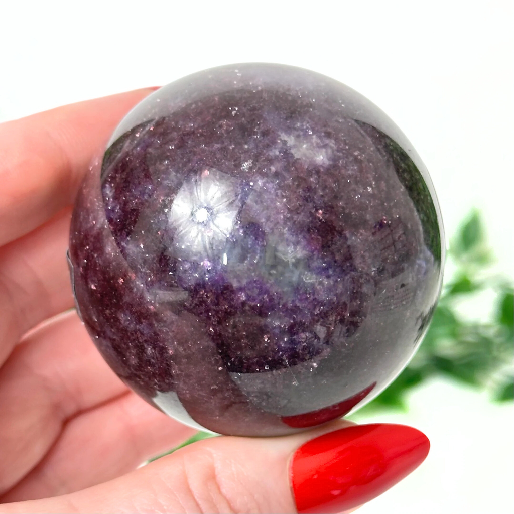 Person holding a lepidolite crystal ball with a blurred green plant in the background