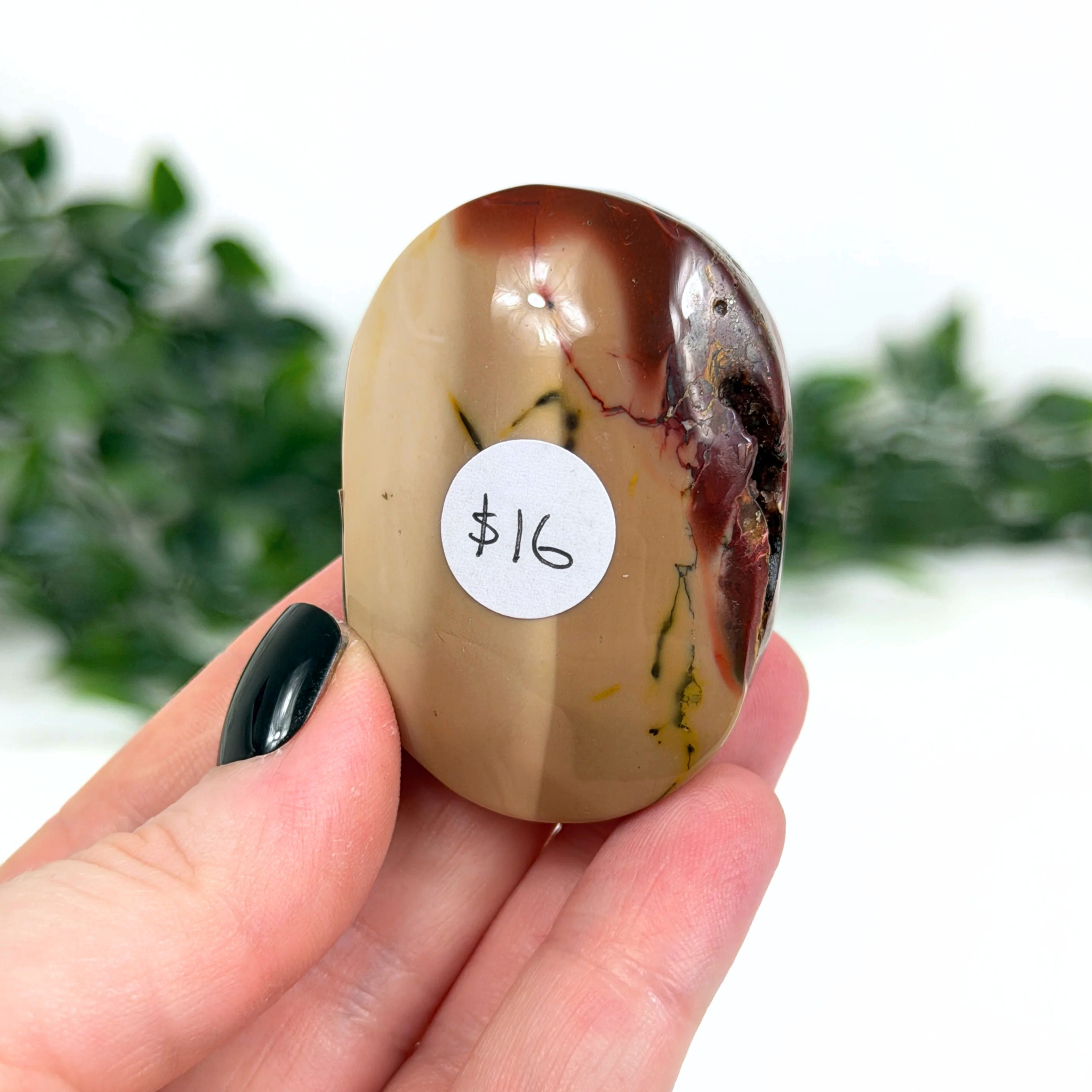 Hand holding a brown mookaite palm stone with a price tag labeled $16 against a blurred green background