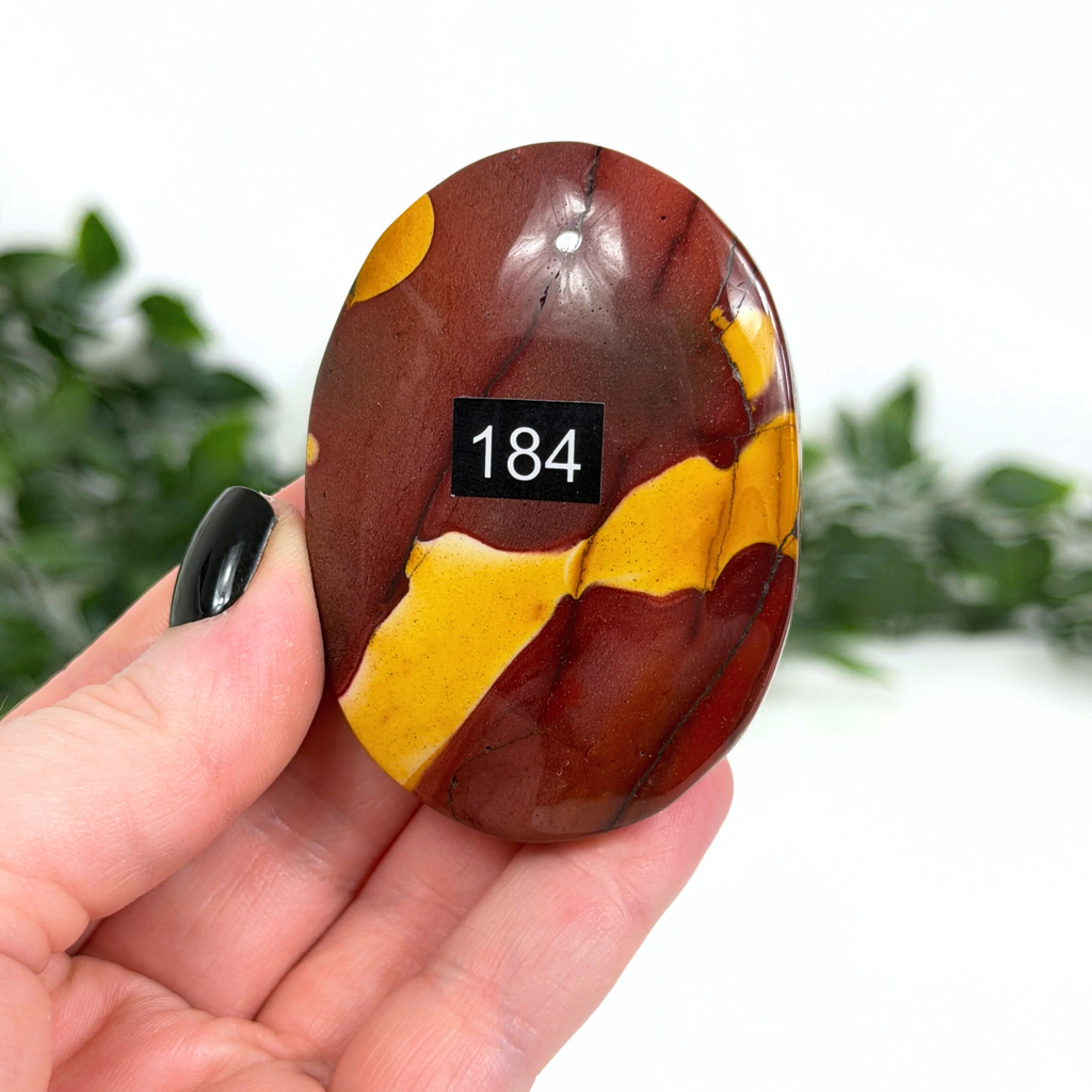 Hand holding a red and yellow mookaite palm stone with the number 184 on a blurred green background