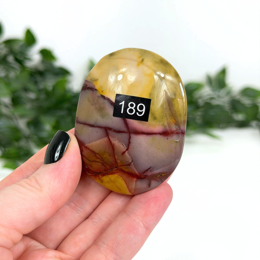 Polished mookaite palm stone held in a hand with a blurred green background