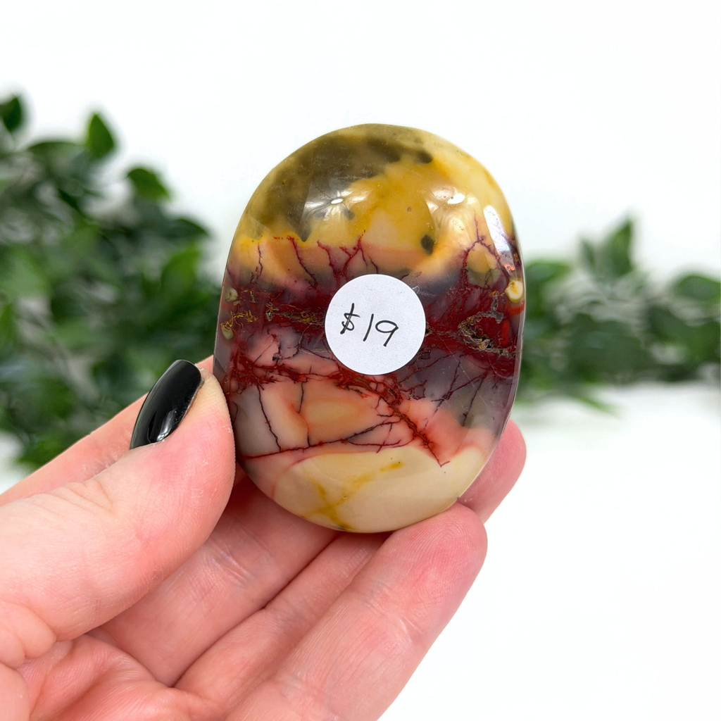 Hand holding a mookaite palm stone with a price tag against a blurred green background