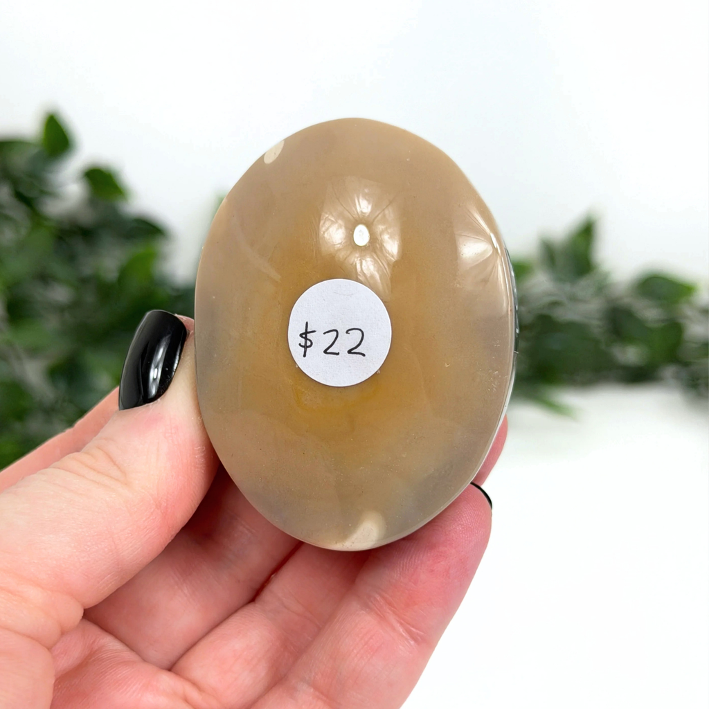 Hand holding a beige mookaite palm stone with a price tag of $22 against a blurred green background