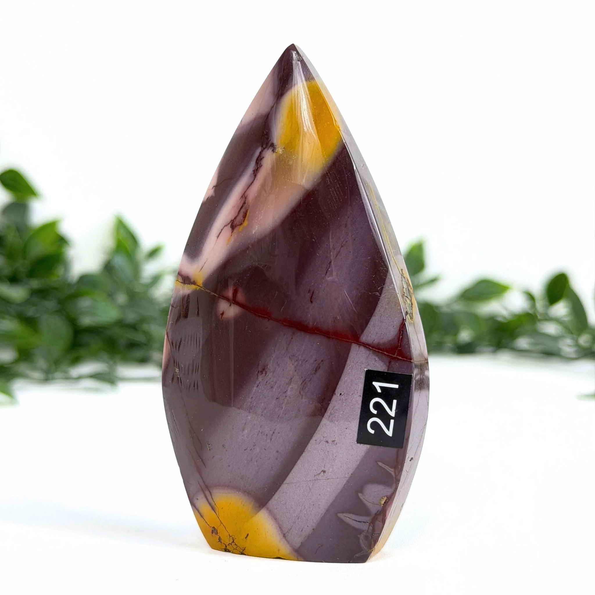 Teardrop-shaped mookaite crystal with marbled design and number 221 on a white background