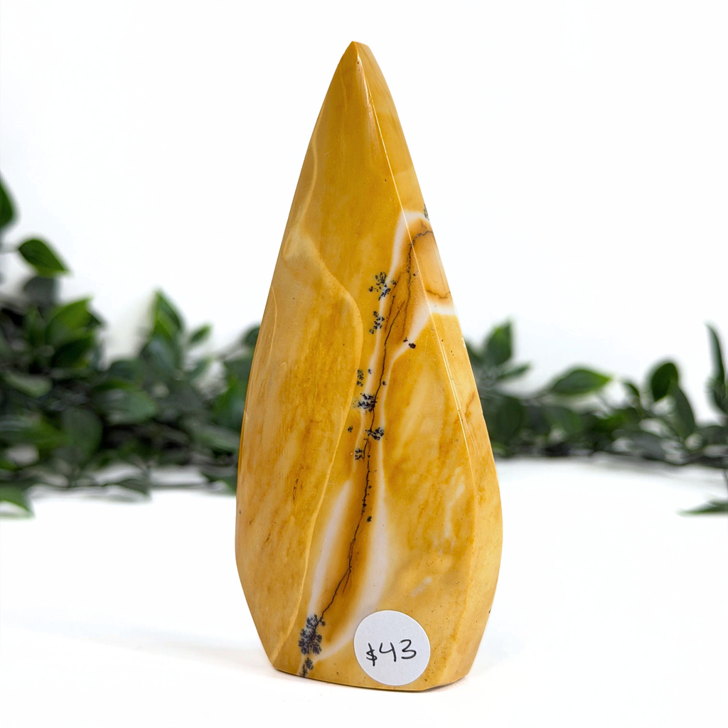 Yellow mookaite teardrop and white stone with a label on a white background