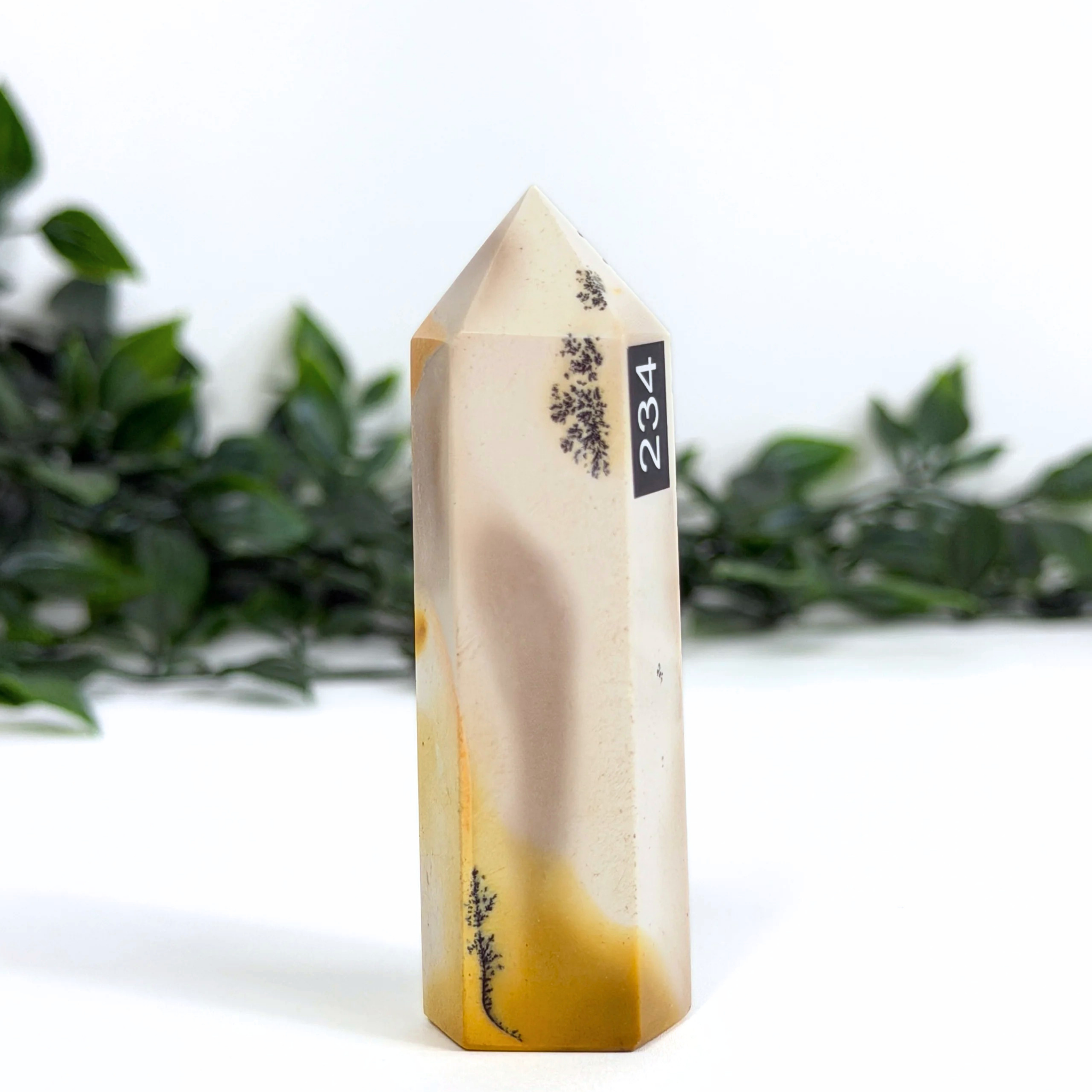 Mookaite crystal tower with a label on a white background with greenery
