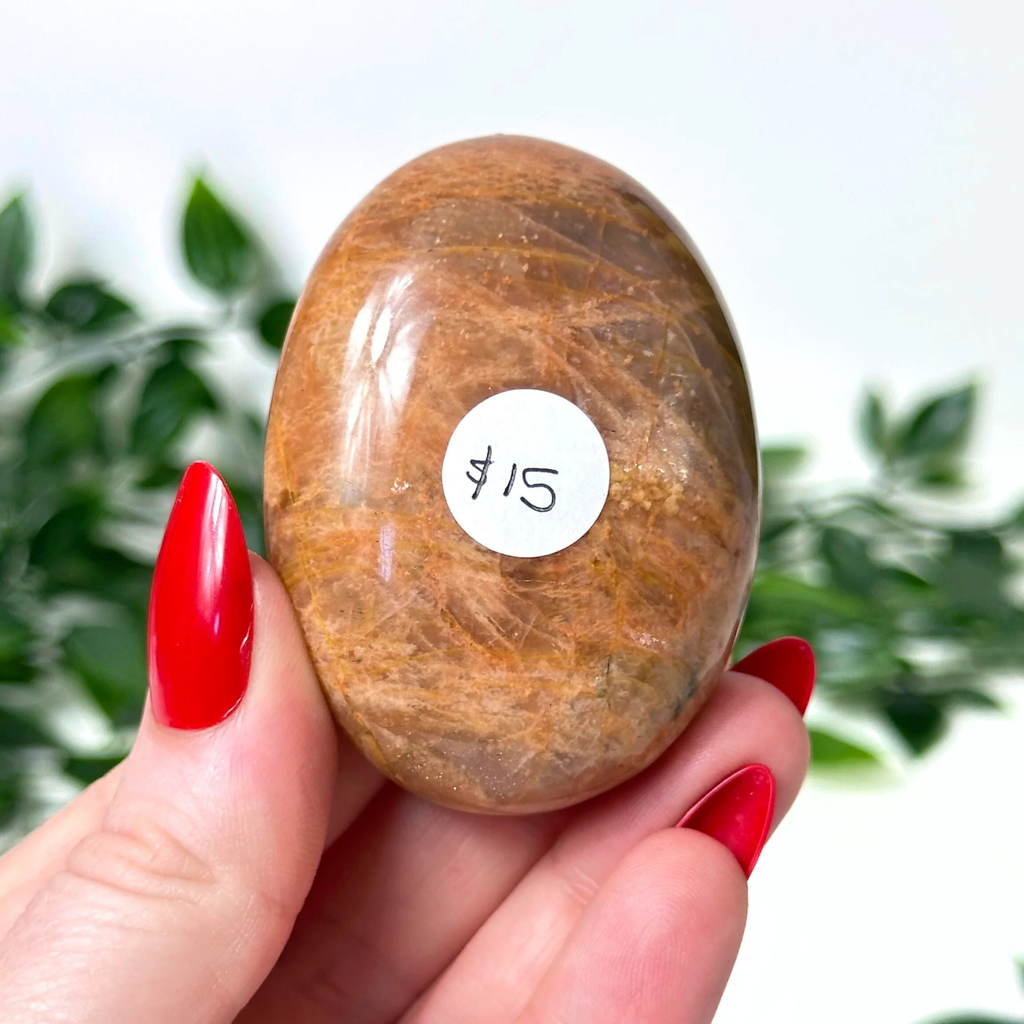 Hand holding a moonstone crystal on a white leafy blurred background