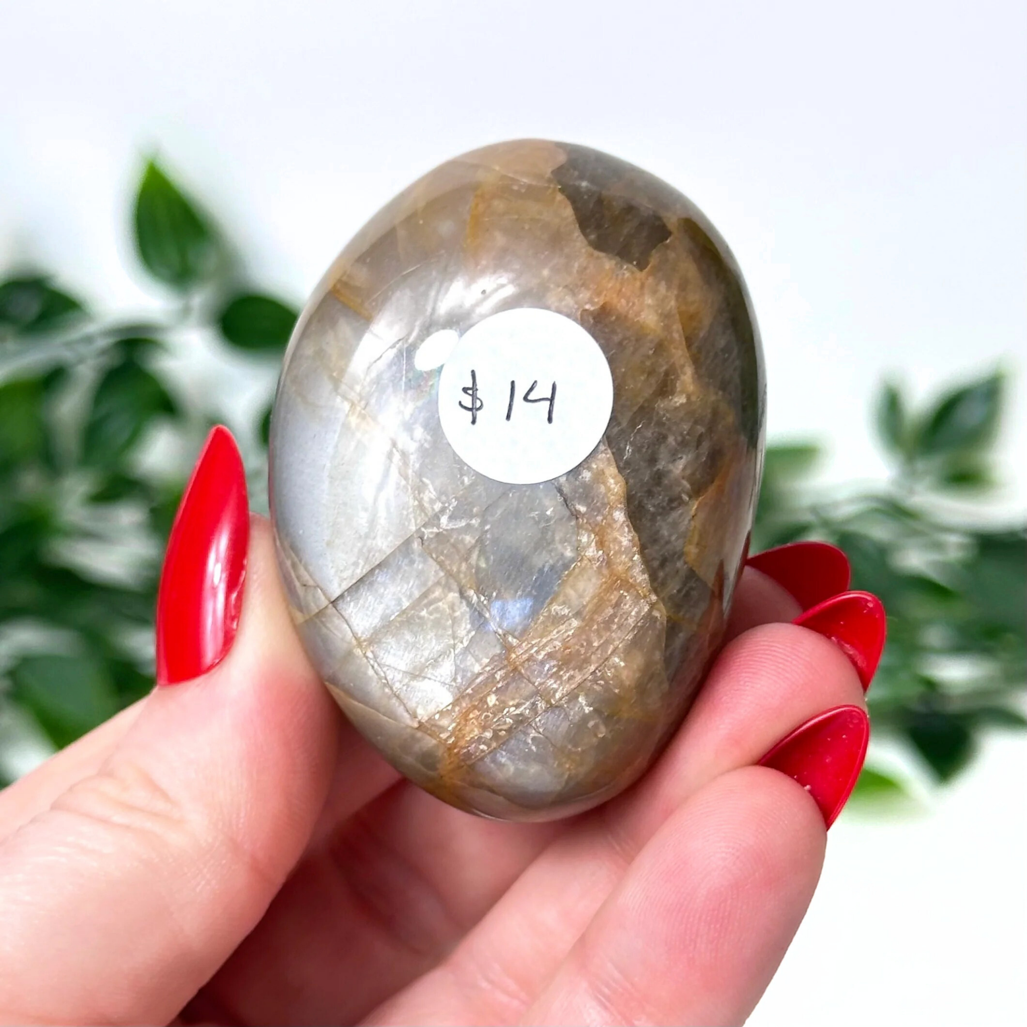 Hand holding a moonstone palm stone against a blurred green background