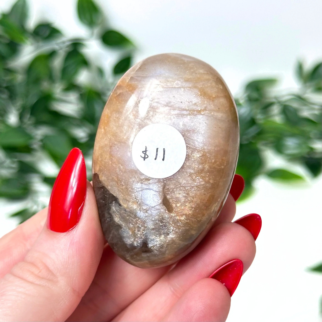 Hand holding a moonstone crystal with a white label against a blurred green background