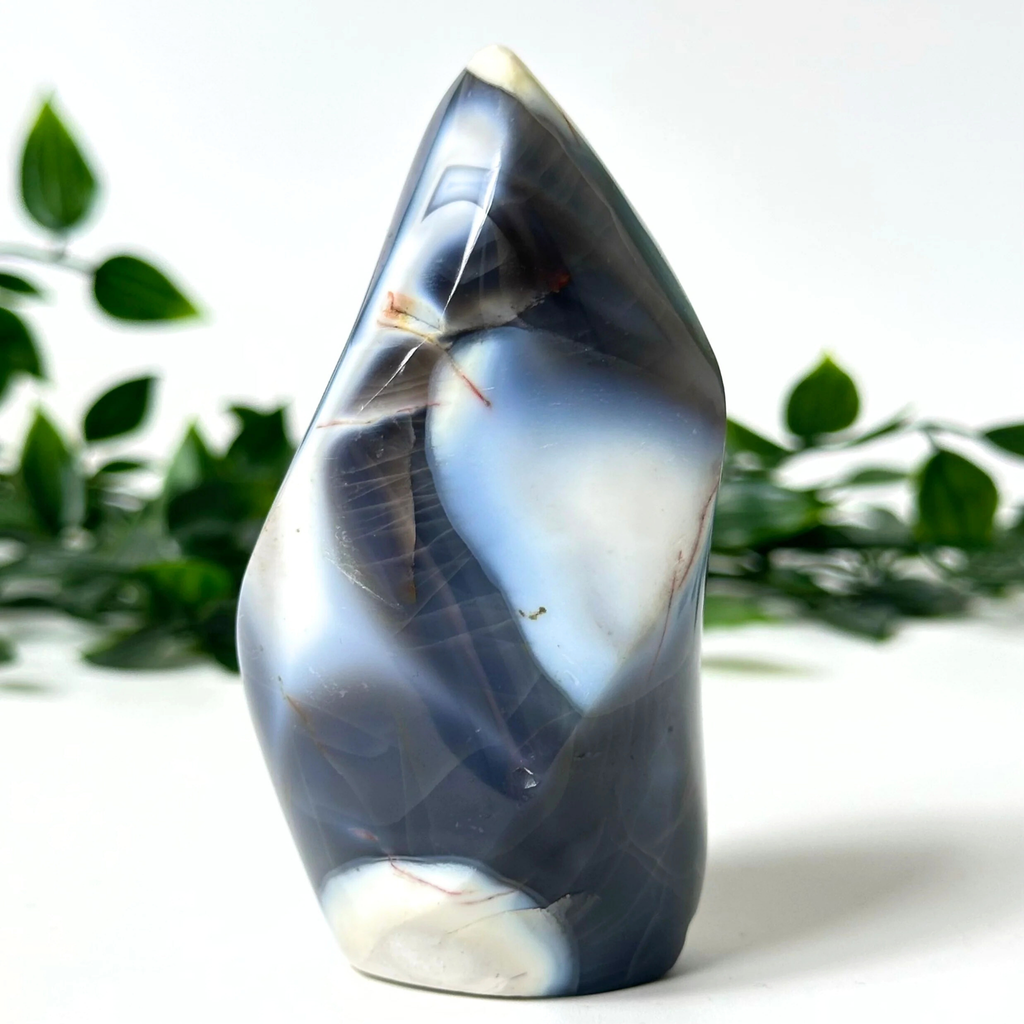 Orca agate crystal freeform with a swirling pattern on a white background