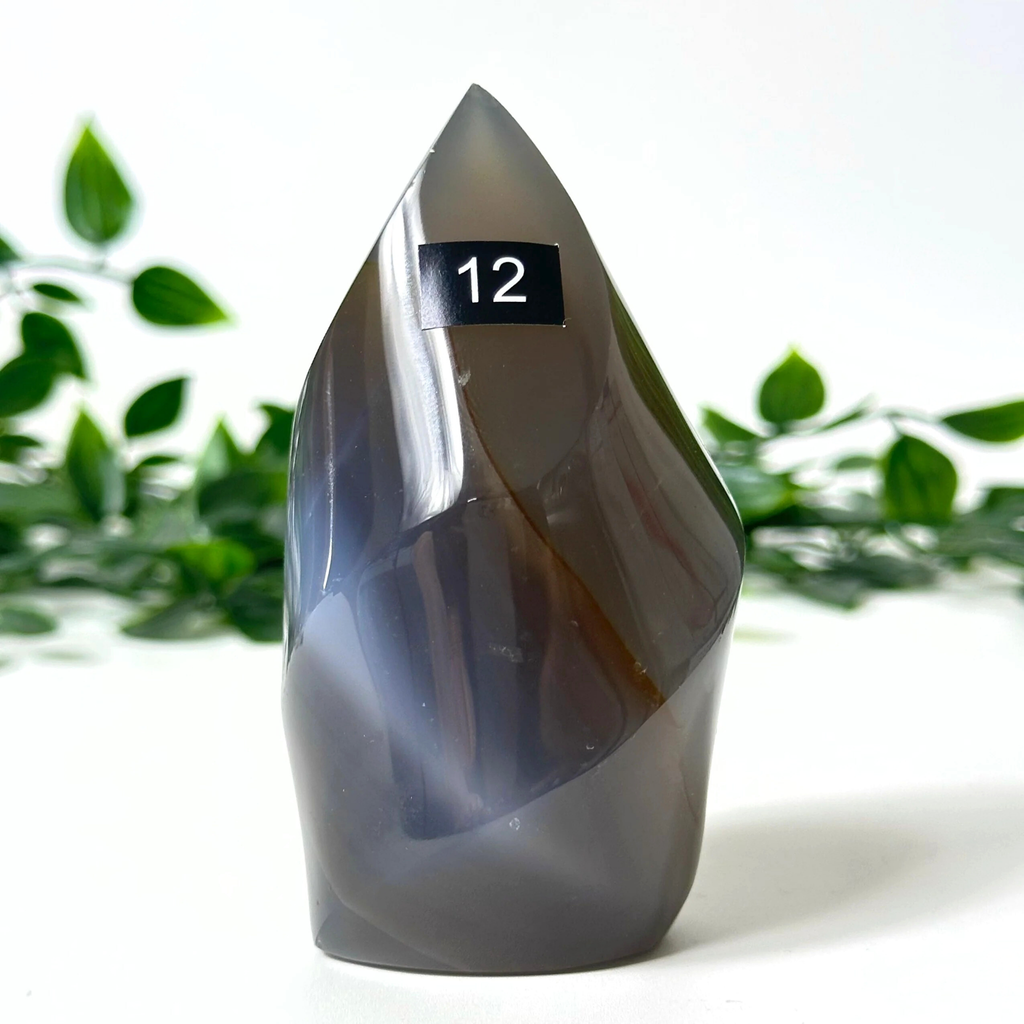 Orca agate crystal flame with a number 12 tag against a natural background