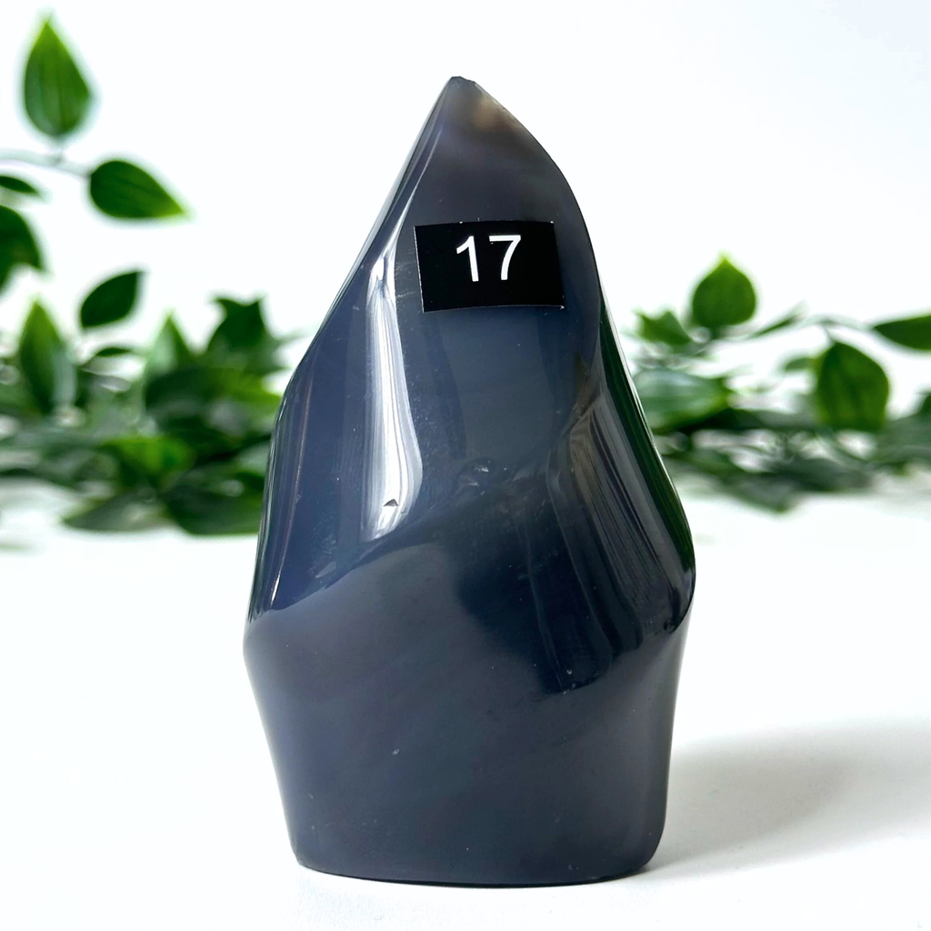 Polished orca agate crystal flame with a number 17 label against a white background with green leaves
