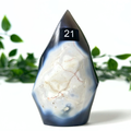 Polished orca agate crystal flame with a number '21' on a white background with green leaves.