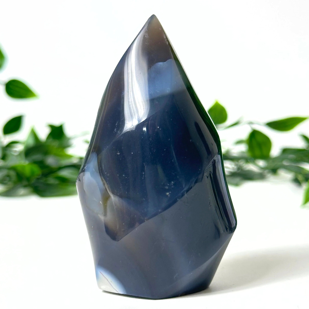 Black orca agate crystal flame with a white background and green leaves