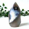 Orca agate crystal flame with a number '22' on a white background with green leaves.