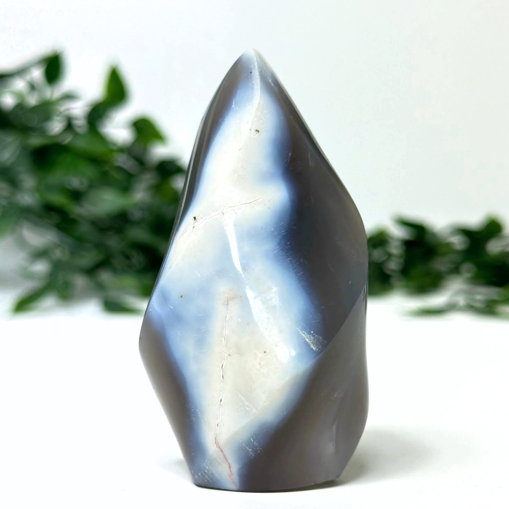Polished orca agate crystal flame with blue and white patterns on a white background.