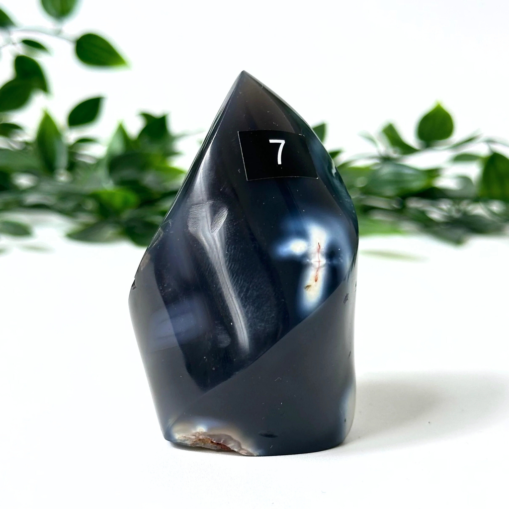 Orca agate flame with a number 7 on a white surface with green leaves in the background