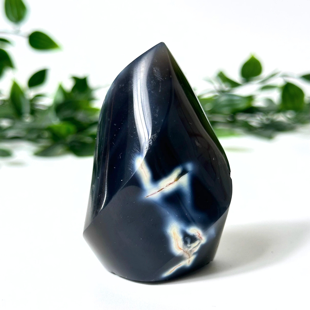 Orca agate flame on a white surface with green leaves in the background