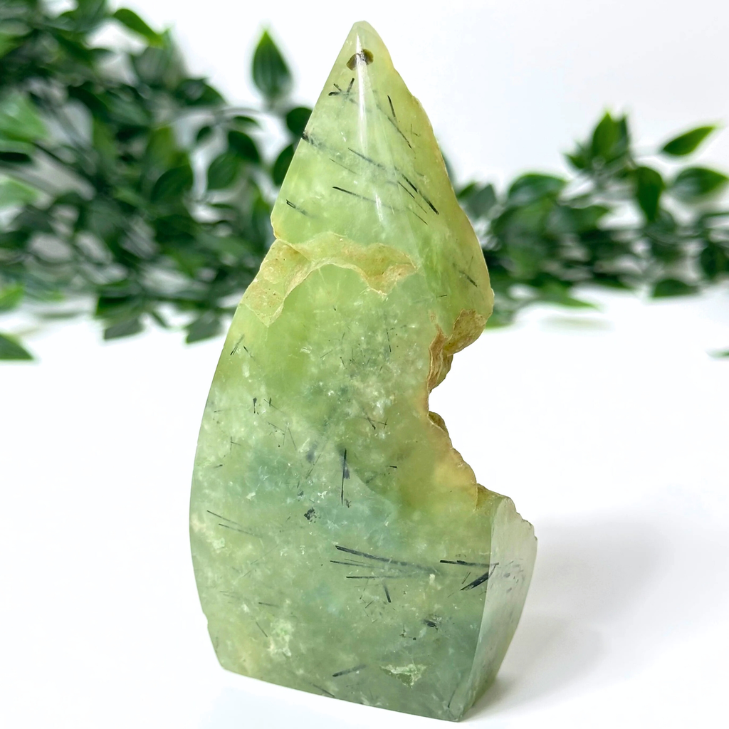 Prehnite crystal flame with a natural, rough texture on a white background with green foliage.